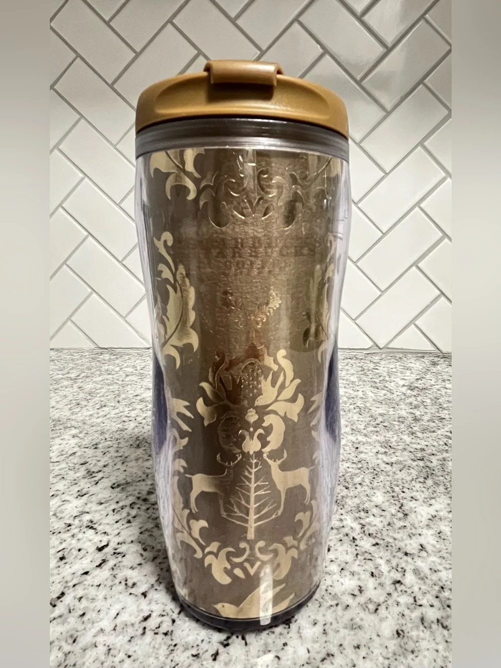 Starbucks Coffee 2008 Holiday Damask Deer Birds Travel Tumbler Gold 16 oz